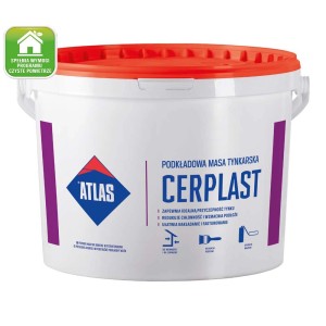 Wiadro z gruntem głębokopenetrującym Atlas Cerplast do tynków, czerwono-biały pojemnik.