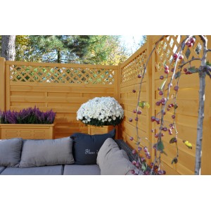 Drewniany płot w ogrodzie z roślinami i miejscem do siedzenia. Dekoracyjny projekt ogrodu.