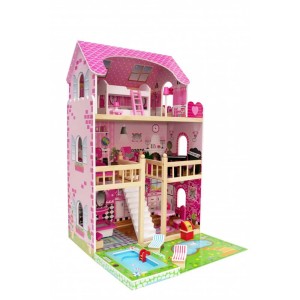 Różowy t.b.t. drewniany domek dla lalek z meblami i basenem dla dzieci.