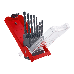 Zestaw wierteł do metalu Einhell, 13-częściowy, stal HSS-R, wiertła od 1,5 do 6,5 mm w czerwonej obudowie.