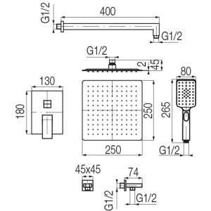 Rysunek techniczny zestawu prysznicowego z deszczownicą, słuchawką i armaturą z wymiarami.