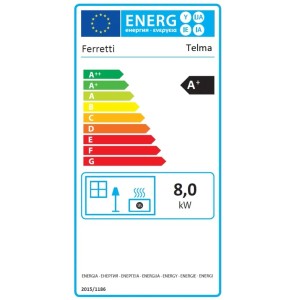 Etykieta energetyczna pieca na pellet t.b.t.: klasa efektywności energetycznej A+, moc grzewcza 8,0 kW.