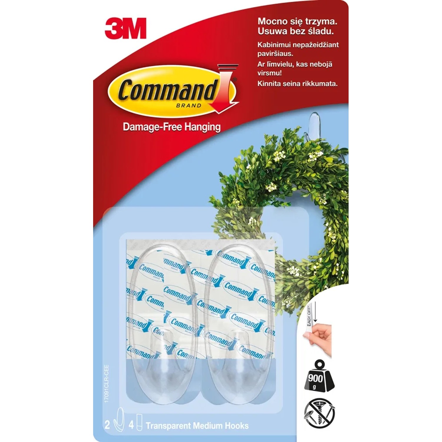 3M Command Przezroczyste haczyki wielokrotnego użytku do 900 g, średnie  2 szt.