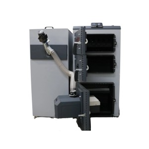 Piec na pellet t.b.t., szara obudowa z otwartymi drzwiami i elastycznym przewodem zasilającym.