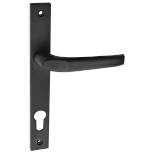 Czarny zestaw klamek do drzwi wewnętrznych.