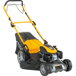 Kosiarka spalinowa Stiga Combi 48 SQ, żółto-czarna, z koszem i napędem na tylne koła.