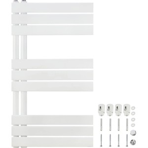 Biały grzejnik t.b.t. z akcesoriami montażowymi do łazienki i salonu.