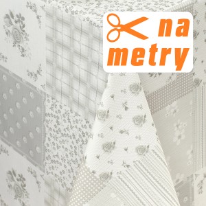 Wzorzysty obrus (na metry) z różami i kratą w odcieniach szarości i bieli.