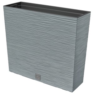 Szara skrzynka na kwiaty t.b.t. z poziomą strukturą linii do ogrodu.