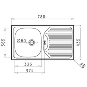 Rysunek techniczny zlewozmywaka ze stali nierdzewnej t.b.t. z komorą po lewej stronie i ociekaczem po prawej, wymiary w mm.