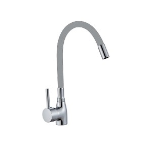 Bateria jednouchwytowa t.b.t. z szarą, elastyczną wylewką i chromowanym wykończeniem.