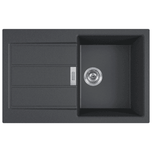 Szary zlewozmywak granitowy t.b.t. z ociekaczem i komorą.