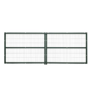 Zielona brama dwuskrzydłowa do paneli ogrodzeniowych, część systemu ogrodzeniowego.