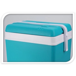 Turkusowo-biały pojemnik termoizolacyjny na akcesoria kempingowe.