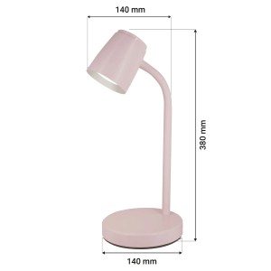 Różowa lampka biurkowa o wymiarach 140 x 380 x 140 mm.