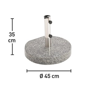 Szara granitowa podstawa parasola, okrągła, ze srebrną rurką i śrubami blokującymi.