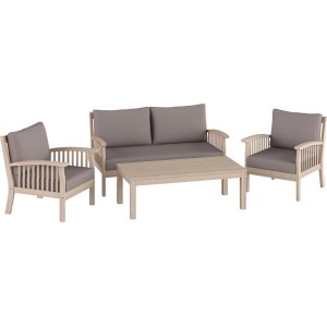 Zestaw mebli ogrodowych t.b.t. z sofą, dwoma fotelami i stołem.