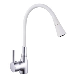 Bateria jednouchwytowa t.b.t. z białą, elastyczną wylewką i chromowaną armaturą.