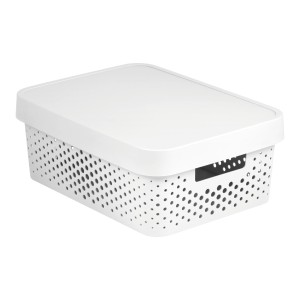 Białe pudełko do przechowywania t.b.t. z pokrywką, perforowany wzór.