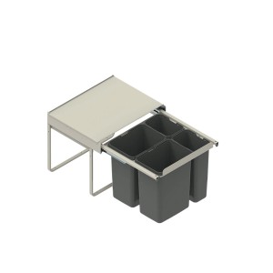 System segregacji odpadów kuchennych t.b.t. z czterema szarymi pojemnikami i wysuwem.