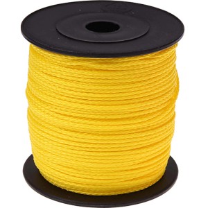 Żółty sznurek polipropylenowy, Ø 2 mm, na czarnej szpuli do transportu i pakowania.