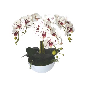 Dekoracyjna sztuczna roślina: Orchidea z białymi kwiatami i czerwonymi kropkami w białej doniczce.