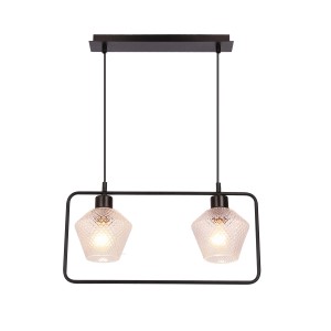 Nowoczesna lampa wisząca z dwoma przezroczystymi szklanymi kloszami i czarną metalową ramą.