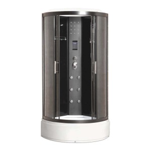 Kabina hydromasażowa t.b.t. z ciemną szybą i białą podstawą.