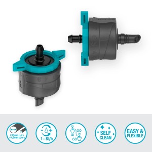 Regulowany kroplownik końcowy Gardena do nawadniania pojedynczych roślin w systemie Micro-Drip.