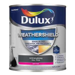 Puszka antracytowej emalii Dulux Weathershield do drewna, metalu i PCV.