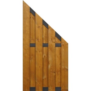 Drewniany panel ogrodzeniowy t.b.t. ze skośnym wykończeniem i czarnymi akcentami.