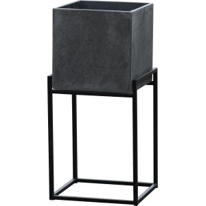 Szara donica z czarnym metalowym stojakiem, 69x29x33 cm. Nowoczesny kwietnik do użytku wewnątrz i na zewnątrz.