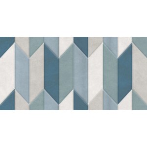 Płytka dekoracyjna w odcieniach niebieskiego i szarego z geometrycznym wzorem strzałek.