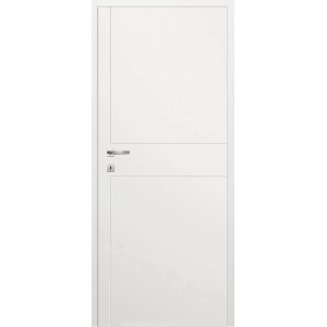 Białe drzwi wewnętrzne t.b.t. o prostym designie z srebrną klamką.