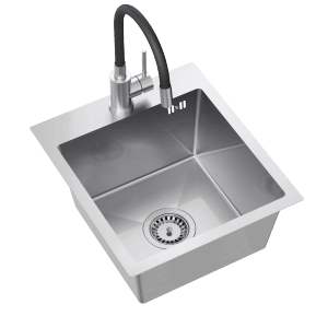 Zlewozmywak ze stali nierdzewnej z baterią i czarnym, elastycznym wężem.