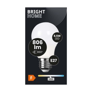 Żarówka LED E27, 8.5W, 806 Lumenów, 4000K, ciepłe białe światło.