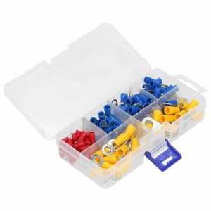 Zestaw różnych końcówek kablowych t.b.t. w kolorze czerwonym, żółtym i niebieskim w przezroczystym pudełku.