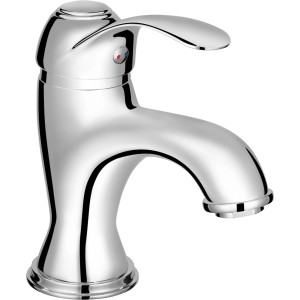 Błyszcząca chromowana bateria umywalkowa t.b.t. do łazienki.