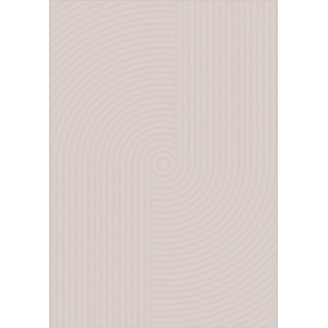 Beżowy dywan z krótkim włosiem z abstrakcyjnym wzorem kół i linii.