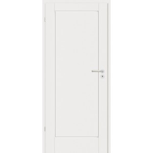 Białe drzwi wewnętrzne o prostym designie z srebrną klamką.