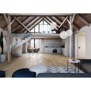 Jasna przestrzeń mieszkalna z ułożonymi panelami winylowymi. Przytulna atmosfera z nowoczesnym wyposażeniem.