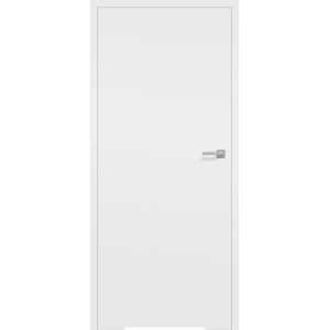 Białe drzwi wewnętrzne z srebrną klamką.