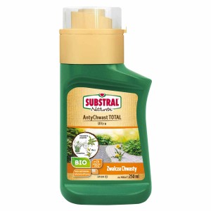 Środek chwastobójczy Substral Naturen, zielona butelka z żółtą nakrętką.