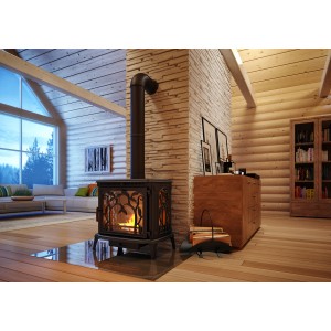 Piec wolnostojący w salonie z drewnianą boazerią i nowoczesnym wystrojem.