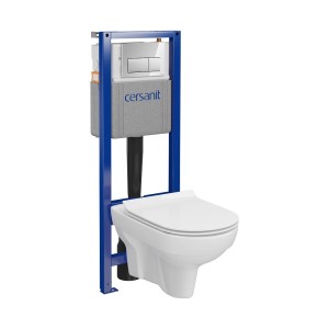 Zestaw WC wiszącego ze spłuczką i niebieską ramą montażową.