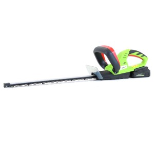 Akumulatorowe nożyce do żywopłotu, zielono-czarne z czerwonym uchwytem. Idealne do przycinania żywopłotów.