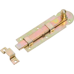 Żółty ocynkowany rygiel okienny z gałką, 100x30 mm, do zabezpieczania okien.