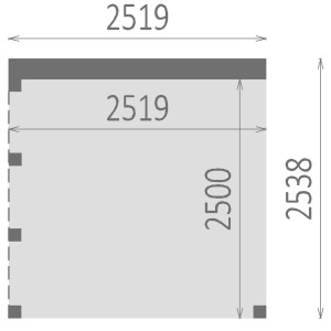 Rzut drewnianego domku t.b.t. z wymiarami.