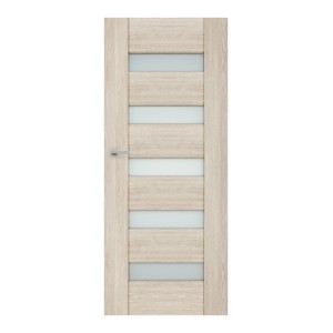 Jasne kolorowe drzwi wewnętrzne t.b.t. z pięcioma poziomymi panelami szklanymi.