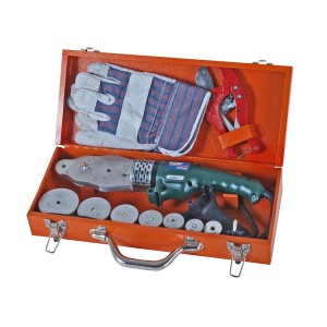 Zestaw akcesoriów do rur t.b.t. w pomarańczowej walizce z narzędziem, rękawicami i obcinakiem.